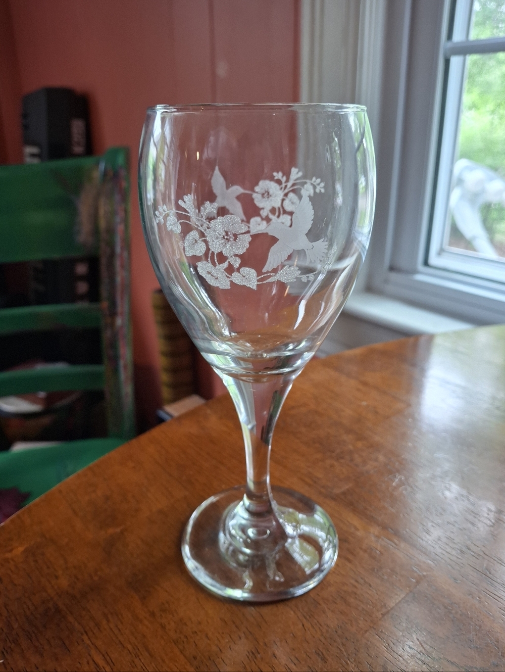 Hummingbird Etched Crystal Goblet Drinking Glass 7.5" Vintage Avon